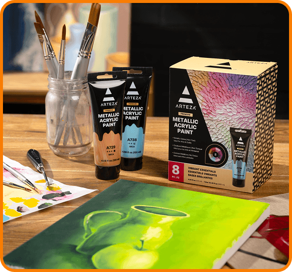 Arteza Metallic paint skit with green still life painting